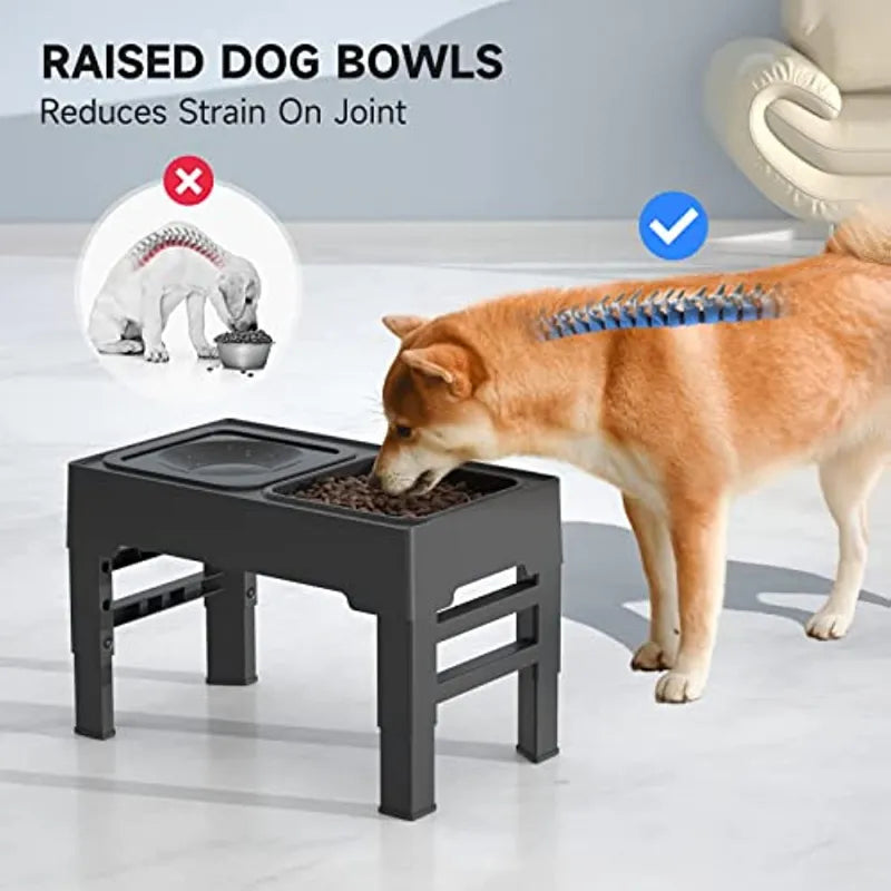 No Spill! Adjustable Height Stainless Steel Dogs Double Bowls